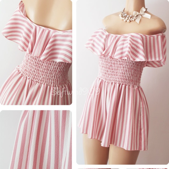 Last One☝️ Pink Striped Off Shoulder Ruffle Romper - Picture 7 of 8